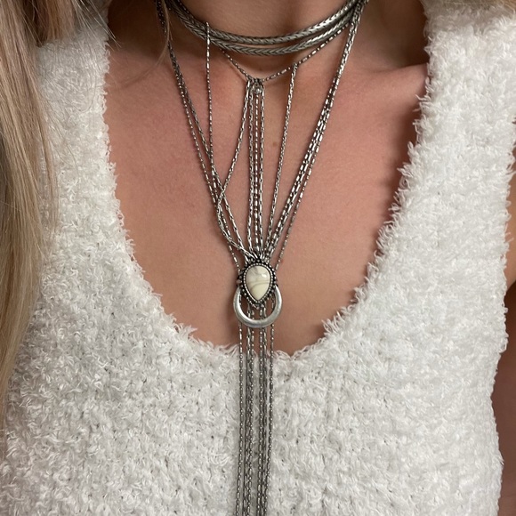 Silver layered choker necklace with stone